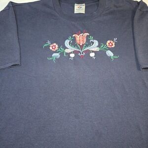 VTG 90s Jerzees Embroidered Floral T-Shirt Navy Folk Art Cottagecore XL Rare